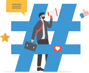 Building hashtag on Social Media, Digital Communication and announcement promotion with speaker
