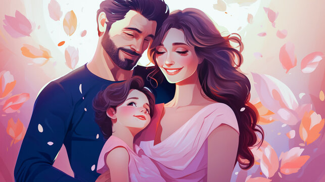 The picture shows a joyful young family. The parents are holding the child in their arms. This drawing illustrates the concept of Family Day, Love and Respect.