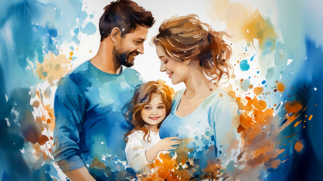The illustration shows a young and happy family. Parents are happy to hold their child in their arms. This image corresponds to the concept of the Day of Family, Love and Protection.