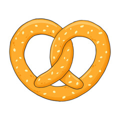 Hand drawn pretzel. Colorful cartoon pretzel with sesame seed. German comfort food pastry. Oktoberfest festival. Used for poster, banner, sticker, t-shirt print, bag print, label, flyer, logo design