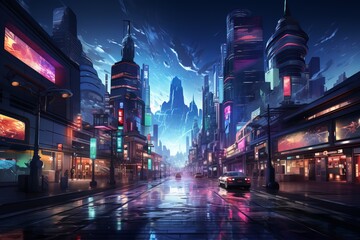 it is a painting of a futuristic city at night - obrazy, fototapety, plakaty