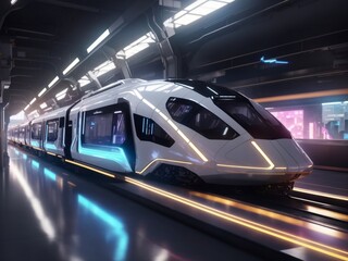 "Cyberpunk Commute: AI-Enhanced Electric Train Surges Through Futuristic Cityscapes with Holographic Billboards, Augmented Reality Displays, and Urban Grit"