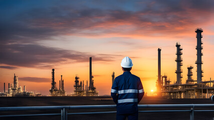 Engineer standing and looking and note at a oil refinery industrial plant and looks at a beautiful landscape.