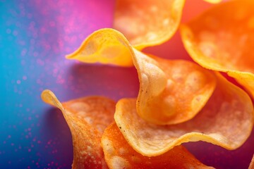 Potato chips on a pink and blue background. Close-up, selective focus. Abstract background National Potato Chip Day