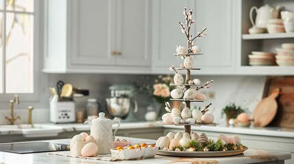 A vintage-style Easter egg tree adorned with delicate ornaments, standing tall on a kitchen counter.