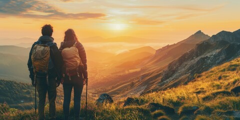 A young couple of travelers stand on a hill and watch the sunset. Hiking tourism concept