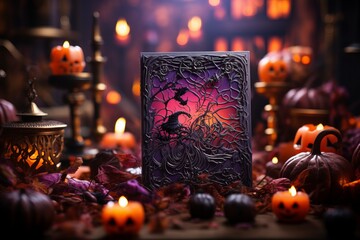a book is sitting on a table surrounded by pumpkins and candles
