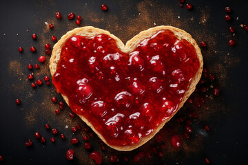 Toast with heart shaped red jam, closeup, top view
