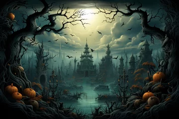 Fotobehang Spooky Halloween scene with pumpkins, trees, and a castle against a dark sky © yuchen
