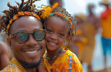 Happy African father and daughter smiling at a cultural festival, wearing traditional clothing and accessories.