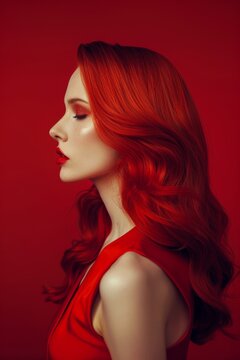 Woman With Long Red Hair Wearing Red Dress isolated on red Generative AI