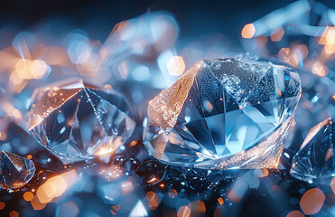 Brilliant diamonds on a reflective surface with soft blue lighting and bokeh, symbolizing luxury and wealth. - obrazy, fototapety, plakaty