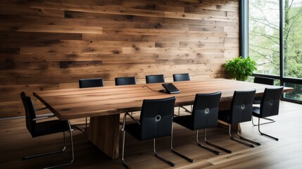 Modern natural material creative workspace in office interior with wooden laminate furniture