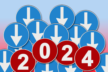 New year 2024 concept with arrows pointing point downwards