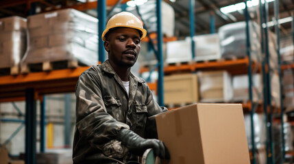 Fototapeta na wymiar Portrait of confident African-American man working in warehouse. This is a freight transportation and distribution warehouse. 