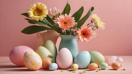 Creative layout composition of flowers and easter eggs on pastel background. 