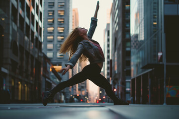 Beautiful young woman dancing in the city at sunset
