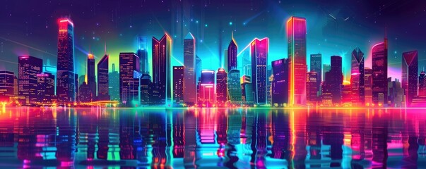Reflecting beautifully in the tranquil night water, a futuristic city skyline glows with neon lights, creating a mesmerizing scene.