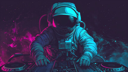DJ astronaut in a spacesuit plays music against the backdrop of a galactic nebula starry space atmospheric digital art cover - obrazy, fototapety, plakaty