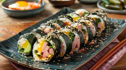 Korean gimbap seaweed rice rolls filled with vegetables, egg, and ham, served with pickled radish - obrazy, fototapety, plakaty