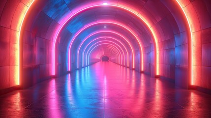 3d render, abstract panoramic red blue pink neon background with arrows showing right direction, glowing in the dark