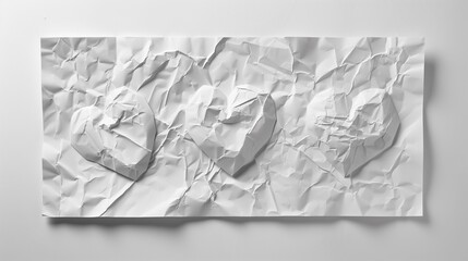 wrinkled rectangular sheet of paper casting shadows on a white background, wrinkles resembling a bas-relief of 3 hearts