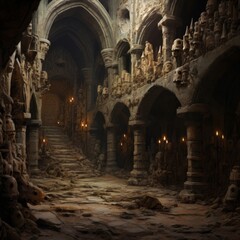 Scary endless medieval catacombs. Mystical nightmare concept