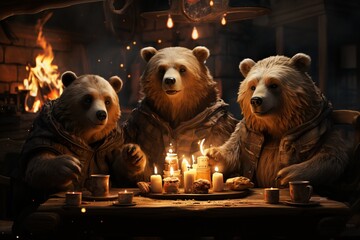 Three carnivores are gathered around a table, illuminated by candlelight
