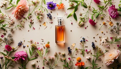 spring flowers surrounding perfume bottle background