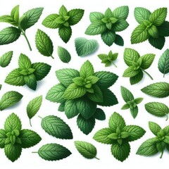 set of green mint leaves isolated on white background - obrazy, fototapety, plakaty