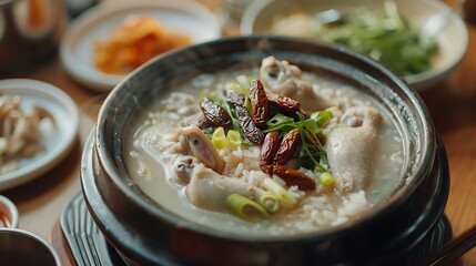 Korean samgyetang ginseng chicken soup with glutinous rice, jujubes, and ginseng, served hot - obrazy, fototapety, plakaty