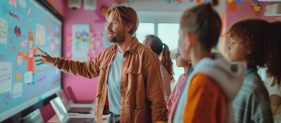 Obraz premium Interactive Learning with Tech-Savvy Teacher in Classroom