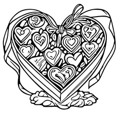 A cute clipart A heart-shaped box of chocolates with a ribbon, valentine day, black and white svg, 169