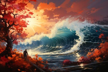 A man gazes at a large ocean wave under the evening afterglow