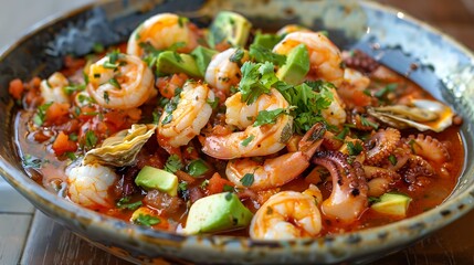 Mexican campechana seafood cocktail with shrimp, octopus, oysters, and avocado in a spicy tomato sauce