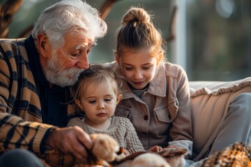 A father and his two daughters sit outdoors, engrossed in a book, their faces reflecting pure joy and wonder at the stories within