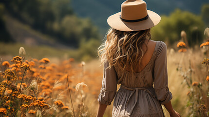 Woman with Straw Hat Spending Time on the Nature at the Weekend