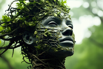Close-up photo showing a womans face completely covered in green moss, creating a surreal and nature-inspired visual
