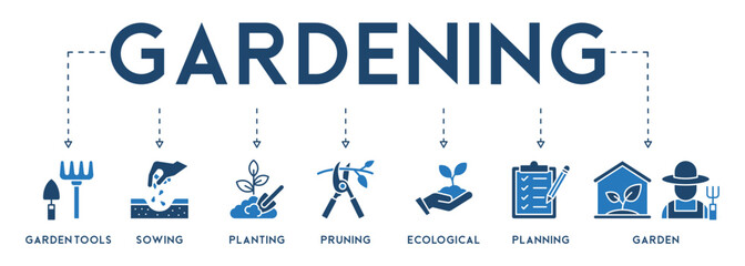 Gardening icons set and design elements vector illustration with the icon of garden tools, sowing, planting, pruning, ecological, planning and garden - obrazy, fototapety, plakaty
