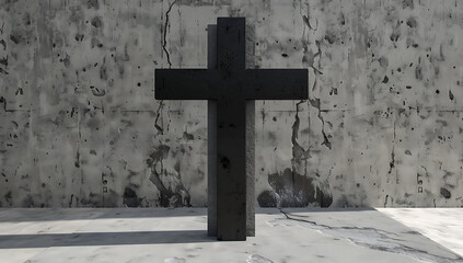 a black cross on cement flat front in the style of ph