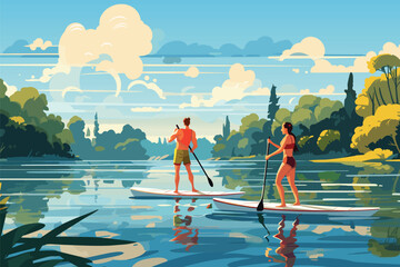 Man and Woman standing on Sup Board with a Paddle. Sports People at the river lake. Stand up paddle surfing. Summer Activity on Water. Beach activities. Vector illustration - obrazy, fototapety, plakaty