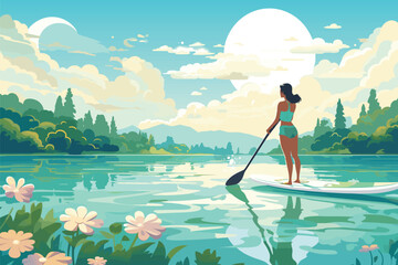 Woman standing on Sup Board with a Paddle. Sports Girl at the river lake. Stand up paddle surfing. Summer Activity on Water. Beach activities. Vector illustration - obrazy, fototapety, plakaty