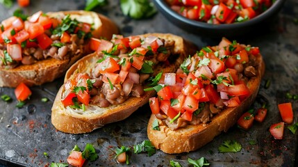 Mexican molletes open-faced sandwiches with refried beans, cheese, and salsa on toasted bolillo rolls - obrazy, fototapety, plakaty