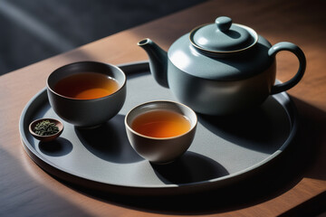 Obraz na płótnie Canvas Stylish minimalist still life with dark grey teapot and cups on wooden table. Sun light shadows. Authentic tea ceremony