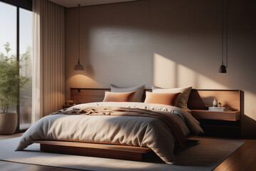 Bedroom interior with bed, linen beige bedding. Sunlight with long shadows on wall. Modern style bedroom interior design