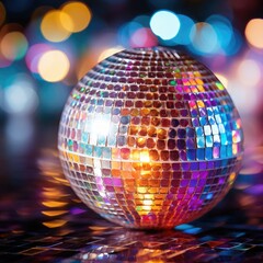 Obraz premium Disco ball with bright rays, night party background. ai generated