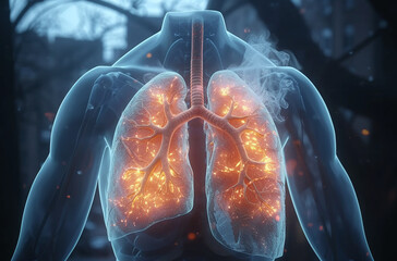 Digital composite of healthy human lungs with visible bronchi superimposed on a city street...