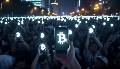 Crowd of people holding up phones with glowing Bitcoin logo revolution solidarity 