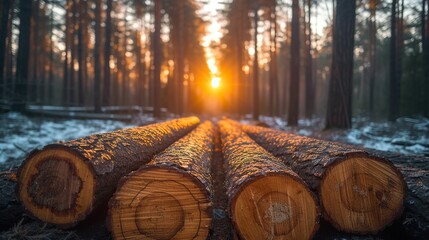 forest pine and spruce trees log trunks pile the logging timber wood industry wide banner or...