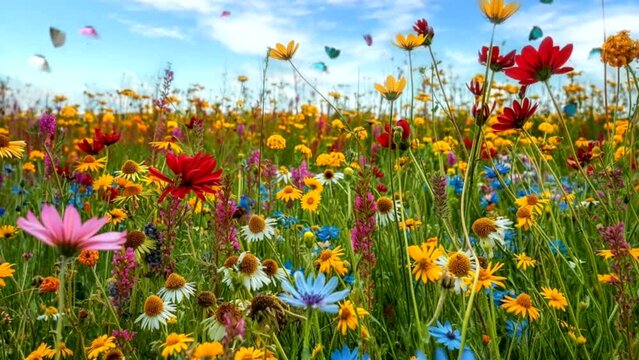 The amazing phenomenon of spring scenery with various kinds of beauty, colorful flower fields, , Seamless looping time-lapse 4k animation video background  Generated AI